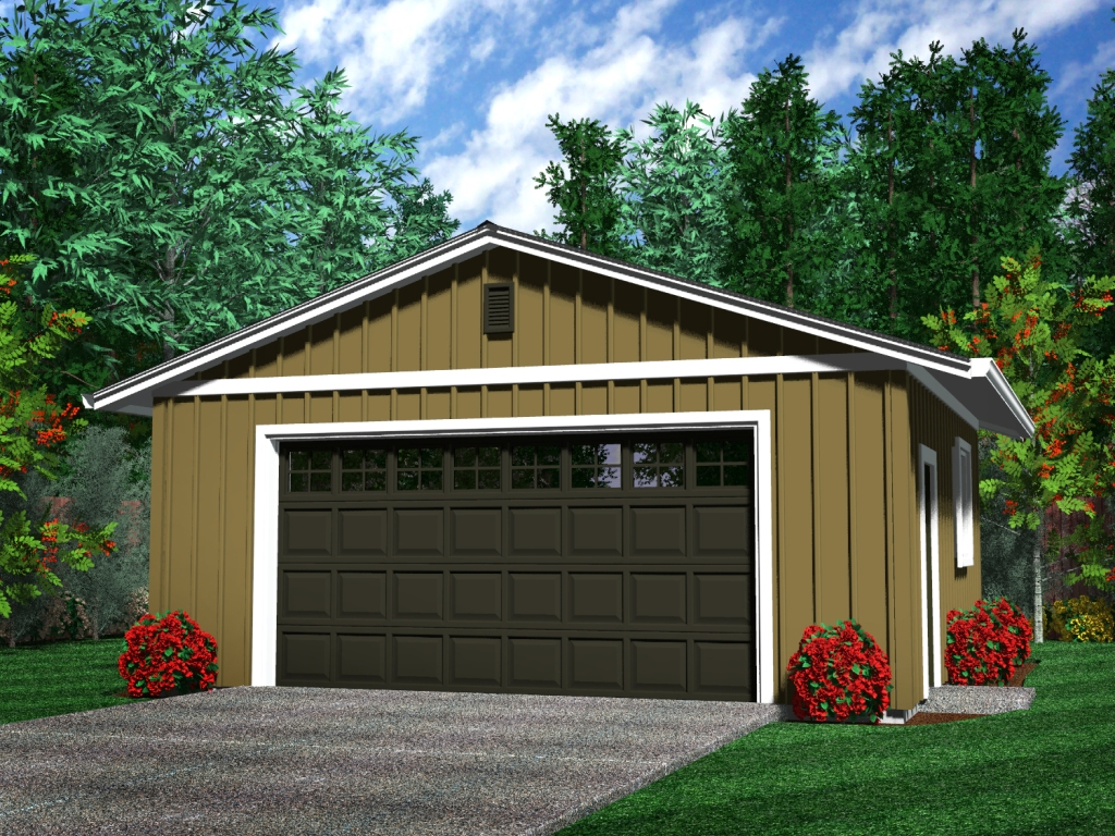 A small detached garage featuring a large door, ideal for storage or vehicle parking, showcasing quality construction.