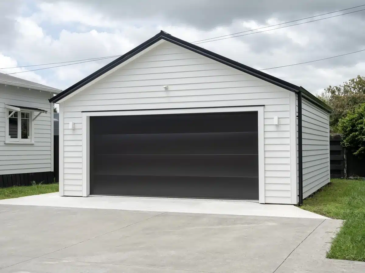 AdobeStock_547322393 A gable style garage displaying a black door against white siding, highlighting a classic yet modern appearance.